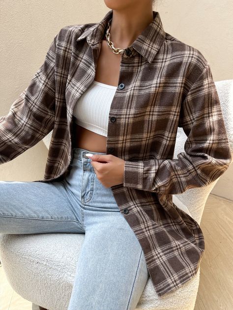 Drop Shoulder Coat, Curved Hem Shirt, Plaid Shacket, Women Outerwear, Casual Long Sleeve Shirts, Hem Blouse, Brown Plaid, Button Front Shirt, Shirt Sale