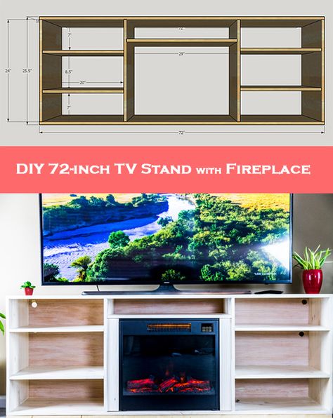 Simple DIY TV Stand: How to Make Your Own 72" Stand with Fireplace Build Tv Stand, Fireplace Tv Stand Diy, Shelves For Tv, Homemade Tv Stand, Tv Console With Fireplace, Diy Furniture Nightstand, Tv Stand With Fireplace, Fireplace Console, Diy Entertainment