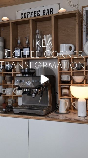 Upcycle Corner Shelf, Ikea Coffee Station, Coffee Corner Decor, Cofee Bar, Ikea Must Haves, Diy Coffee Station, Coffee Stations, Ikea Organization, Diy Coffee Bar