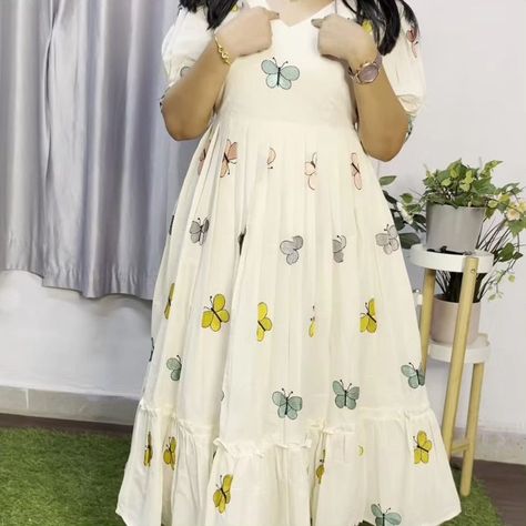 Look stylish and walk in comfort with our New white 🤍 colour Midi dress with stylish puff sleeves with butterfly 🦋 embroidery all over the dress. 🧶 *Fabric - cotton with lining* 👗 *_Type - midi kurti_* 🧵 *Work - puff sleeves & full embroidery work front & back side* 📏 *Size - 38/40/42/44/46* DM for orders #mididress #dress #cottondress #butterflydress #embroiderydress #whitedresses #happyshopping #OnlineShopping #FreeShipping Butterfly Frock, Summer Party Dress With Butterfly Embroidery, White Butterfly Print Dress For Party, White Dress With Butterfly’s, White Cotton Tops With Butterfly Embroidery, Cotton Frocks, Butterfly Embroidery, Butterfly Dress, Embroidery Dress