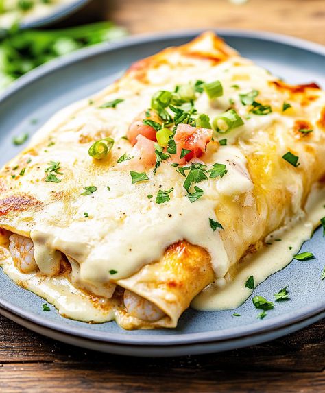 Creamy Shrimp Enchiladas Recipe Chicken And Shrimp Enchiladas, Shrimp Enchiladas With White Sauce, Shrimp Cream Cheese, Creamy Shrimp Enchiladas, Shrimp Enchiladas Recipes, Seafood Enchiladas Recipe, White Sauce Enchiladas, Seafood Enchiladas, Enchiladas Recipes