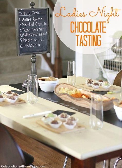 Host a Ladies Night Chocolate Tasting Party — Celebrations at Home  #entertaining #chocolate #ladiesnight Chocolate Tasting Printables, Chocolate Tasting Party, Rs Activities, Chocolate Tasting, Ladies Night Party, Awesome Bachelorette Party, Girl Night, Chocolate Party, Super Party