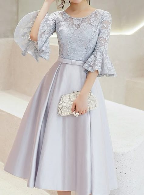 Midi Homecoming Dresses, Dress With Lace Sleeves, Grey Tea, Evening Gowns Elegant, Long Evening Gowns, فستان سهرة, Midi Cocktail Dress, Tea Length Dresses, Prom Dresses With Sleeves