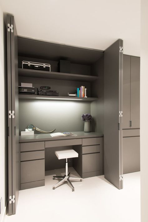 Office In A Wardrobe, Hideaway Home Office, Hidden Office In Dining Room, Concealed Home Office, Home Office Hide Monitor, Living Room Hidden Desk, Hidden Desk In Cabinet, Hidden Living Room Office, Hidden Desk In Bookshelf