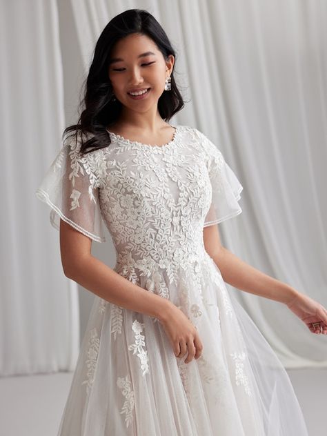 Ingrid Leigh Modest Bridal Dress Flutter Sleeves | Rebecca Ingram Modest Boho Wedding Dress Bohemian, Modest Summer Wedding Dress, Modest Bride Dress, Tulle Wedding Dress A Line, Wedding Dress No Train, Wedding Dresses With Short Sleeves, Wedding Dress With Flutter Sleeves, Flutter Sleeve Wedding Dress, Wedding Dress Fall