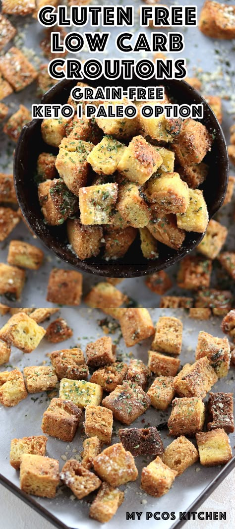 Low Carb Gluten Free Garlic Croutons - My PCOS Kitchen - These delicious garlic croutons are extremely crispy, buttery and full of flavour! Add them to any kind of salad for extra crisp! #lowcarb #glutenfree #keto #croutons #recipe #paleo #lchf Keto Croutons, Croutons Recipe, Garlic Croutons, Low Carb Salad, Low Carb Bread, Low Carb Gluten Free, Idee Pasto Sano, Keto Bread, Low Carb Keto Recipes