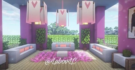 Cute Pink Minecraft Bedroom, Minecraft Pink Living Room, Minecraft Living Room Ideas Pink, Pink Living Room Minecraft, Pink Minecraft House Interior, Pink Minecraft Interior, Minecraft Pink Interior, Pink Minecraft Room, Cute Minecraft Builds Pink