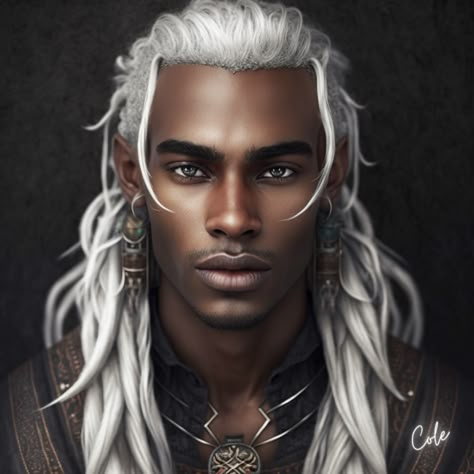 Behold the captivating Ebony Elf Man, a vision of ethereal beauty. With his rich brown skin and flowing white hair, he embodies a rare blend of earthiness and otherworldliness. His distinct pointy ears symbolize his connection to the mystical realms. Graceful and enigmatic, he exudes an aura of ancient wisdom and untamed spirit. Encounter this enchanting being and embark on a journey of fantasy and wonder. White Hair Dark Skin Character Design, Black Male White Hair, Character Inspiration White Hair, Black Man White Hair, White Hair Male Character, White Hair Elf Male, Dark Skin White Hair Character Art, Black Elf Male, White Hair Elf