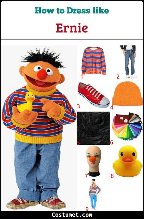 Bert Ernie Costume, Diy Bert And Ernie Costume, Cool Cosplay Ideas Men, Sesame Street Costume Ideas, Bert And Ernie Halloween Costume, Sesame Street Costume Diy, Diy Sesame Street Costume, Diy Elmo Costume, Sesame Street Trunk Or Treat