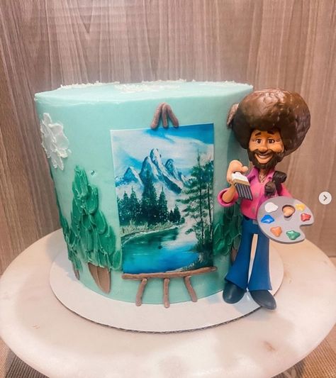 Bob Ross Cake Ideas, Bob Ross Cake, Bob Ross Birthday Cake, Bob Ross Themed Party, Bob Ross Party, Edible Image Cake Ideas, Bob Ross Wig, Bob Ross Birthday, Art Birthday Cake