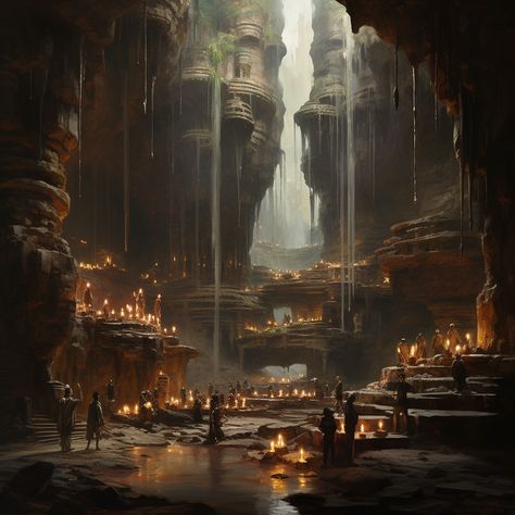 2) oil on canvas of the inside of an enormous underground cavern lit with torches --c 25 #nft #AI #art #painting #nftartist #AIartgallery #DigitalArt #artwork #AIart #generativeart #GenerativeAI #artwork #artist #artistsofinstagram Underground Town Fantasy Art, Underground World Concept Art, Underground Caves Fantasy Art, Underground Kingdom Fantasy Art, Underground Cave Fantasy Art, Cave Interior Concept Art, Fantasy Cave Aesthetic, Cavern Fantasy Art, Underground Fantasy City