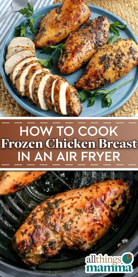 How to Cook Frozen Chicken Breast in an Air Fryer social collage graphic Frozen Chicken Air Fryer Recipes, Air Fry Frozen Chicken Breast, Frozen Chicken In Air Fryer, Frozen Chicken Air Fryer, Frozen Chicken Breast Air Fryer, Air Fryer Frozen Chicken Breast, Grilling Frozen Chicken, Cook Frozen Chicken, Cooking Frozen Chicken Breast