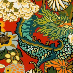 Wallcovering / Wallpaper | Chiang Mai Dragon in Lacquer | Schumacher Schumacher Chiang Mai Dragon, Chiang Mai Dragon, Chinoiserie Fabric, Chinoiserie Motifs, Outdoor Pillow Covers, Japanese Embroidery, Indoor Outdoor Pillows, Photo Mask, Art Deco Inspired