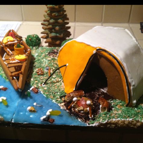 Gingerbread camp-site. Complete with Halfdome tent and canoe. Gingerbread Tent Ideas, Tent Gingerbread House, Gingerbread Trailer House, Camping Gingerbread House, Gingerbread Camping Scene, Rv Gingerbread House, Gingerbread Camper Template, Gingerbread Camper, Gingerbread Architecture