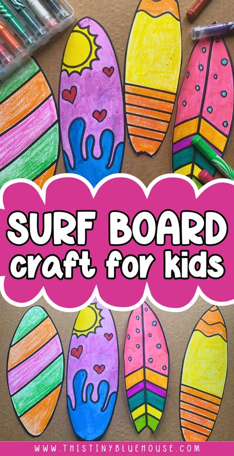 This fun surfboard craft for kids is so much fun to make. rnrnChildren use their creativity to create their own custom surf board using the materials of their choice.rnrnThis simple summer craft is a great choice for preschoolers, kindergarten students and even older children in elementary and high school.rnrnHead over to our website to score your free printable surf board template today. Beach Theme Arts And Crafts For Kids, Tropical Theme Activities For Kids, Fun Summer Crafts For Elementary Kids, August Themed Crafts For Kids, Summer Creative Ideas For Kids, Summer Fun Art Projects For Kids, Summertime Art Projects For Kids, Aloha Activities For Kids, Summer Camp Activity Ideas For Preschool