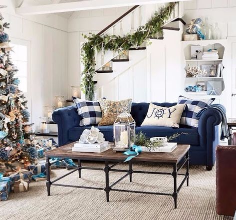 Coastal Christmas Catalog Rooms featured on Completely Coastal. Shop the Look of these Jolly Christmas Rooms. Living Rooms, Bedrooms, Entryways, and Dining Rooms. Blue Couch Living, Blue Couch Living Room, Trendy Sofas, Blue Couch, Navy Blue Living Room, Coastal Christmas Decor, Blue Christmas Decor, Blue Chairs Living Room, Blue Couches