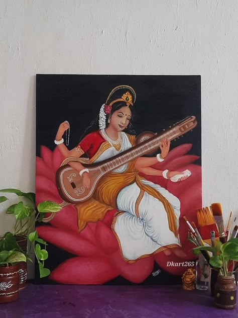 In the beginning of my art of painting, I have made a painting of Maa Saraswati, Maa Saraswati who is considered the goddess of knowledge, art and consciousness, so Maa Saraswati ji should be worshiped at the beginning of art It's painted on canvas bord from oil paints. Its painting size is 16×20 and This was a total of 48 hours of work.... Goddess Saraswati Painting Art, Sarswati Maa Sketch, Canvas Modern Painting, Saraswati Ji Drawing, 16×20 Canvas Painting, Saraswati Canvas Painting, Ma Saraswati Drawing, Maa Saraswati Drawing Sketch, Saraswati Goddess Paintings Abstract