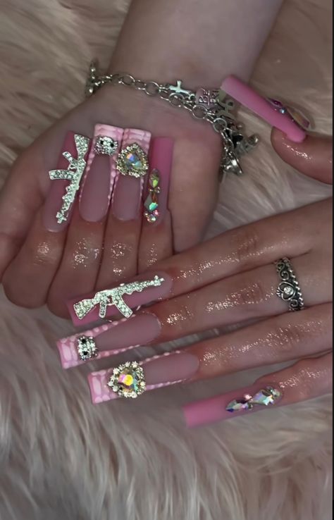 Bling Acrylic Nails Medium Length, Pink Birthday Nails With Rhinestones, Pink Bling Nails Rhinestones Girly, Baddie Bling Nails Summer, Long Acrylic Nails With Gems, Ak47 Nails, Pink Nails Extra, Pink Money Nails, Mafia Nails