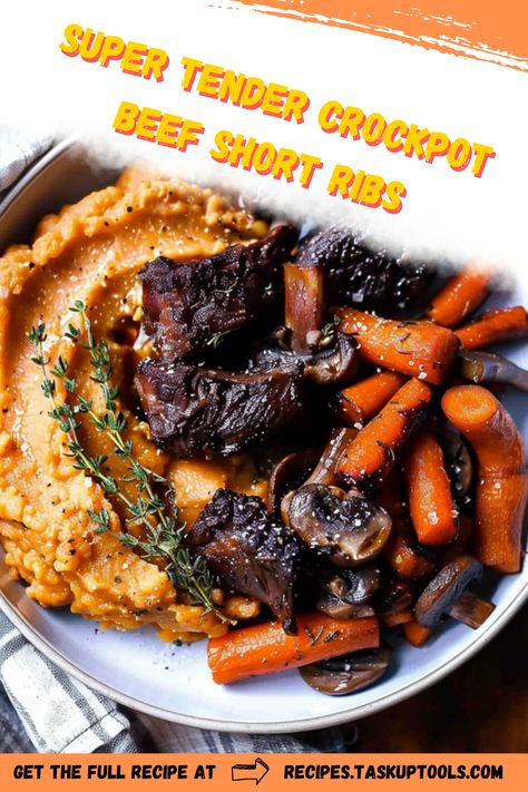 Discover a mouthwatering recipe for Super Tender Crockpot Beef Short Ribs, perfect for transforming a simple dinner into a gourmet delight. This easy-to-follow guide will help you achieve fall-off-the-bone tenderness with a rich, savory flavor profile that guarantees to impress. Whether you're hosting a family gathering or looking for a cozy meal, these beef short ribs will be a hit. Slow-cooked to perfection, allowing the flavors to meld beautifully, this dish requires minimal prep yet delivers maximum taste. Save this Beef Short Ribs Meal Ideas, Crockpot Beef Short Ribs, Short Rib Recipes Crockpot, Slow Cooker Short Ribs, Short Ribs Slow Cooker, Beef Short Rib Recipes, Creamy Mash, Short Ribs Recipe, Slow Cooked Beef