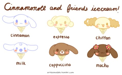 Cinnamoroll and friends icecream! About Cinnamoroll, Cinnamoroll And Friends, Cinnamoroll Friends, Mocha Cappuccino, Kawaii Clipart, Milk & Mocha, Hello Kitty Characters, Hello Kit, Hello Kitty Art