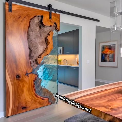 Live Edge Wooden Barn Doors With Epoxy Resin Is an Incredible Look That We Can’t Get Enough Of! Barn Door Epoxy, Wood And Epoxy Door, Epoxy Resin Door, Epoxy Barn Door, Epoxy Door, Resin Door, Epoxy Furniture, Wooden Barn Doors, Wood Art Diy