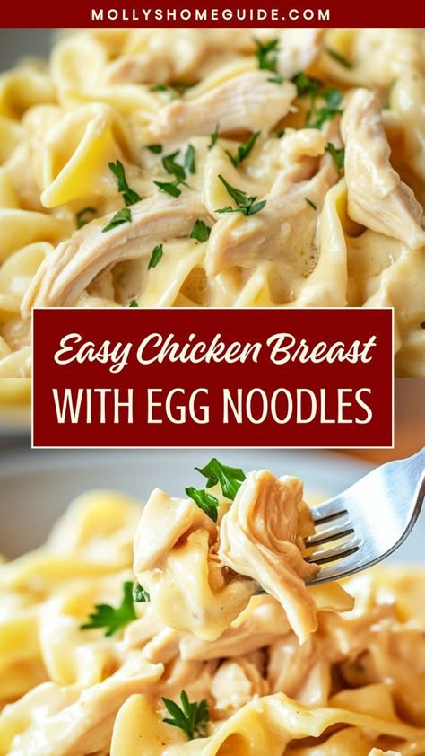 Indulge in the ultimate comfort food with this creamy and delicious chicken breast with egg noodles recipe. A satisfying meal perfect for any night of the week, this dish pairs tender chicken breast with al dente egg noodles in a rich and savory sauce. Easy to make and sure to please everyone at the dinner table, this classic combination is a guaranteed crowd-pleaser. Treat yourself to a hearty and flavorful experience by trying out this chicken breast with egg noodles recipe today! Chicken And Noodle Dinner Ideas, Egg Noodles Chicken Recipes, Instapot Chicken And Egg Noodles Recipes, Egg Noodle With Chicken Recipes, Creamy Chicken With Egg Noodles, Crock Pot Chicken And Egg Noodles Recipe, Crockpot Chicken Recipes With Egg Noodles, Egg Noodles Cream Of Chicken Soup, Recipes With Chicken And Egg Noodles