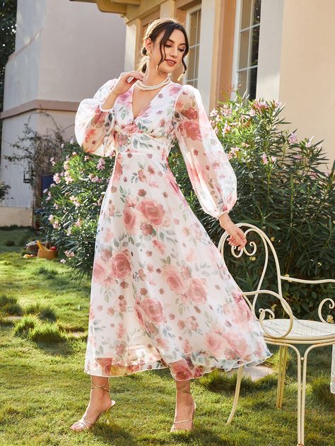 SHEIN Allover Floral Print Lantern Sleeve Organza Dress Organza Maxi Dress Floral Prints, Organza Dress Frocks, Long Floral Dress With Sleeves, Silk Organza Dress Gowns, Floral Print One Piece Dress, Organza A Line Kurti, Printed Organza Frock Design, Organza Floral Anarkali Dress, Organza Dress Indian Kurti Floral Print