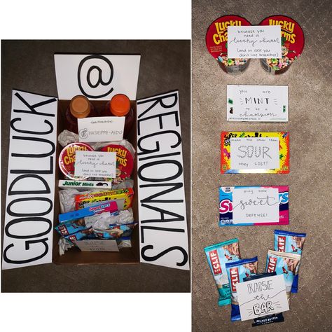 Good luck basket for sports Soccer Good Luck Ideas, Track Basket Gift, Good Luck Team Gifts, Good Luck Snacks For Sports, Good Luck At State Gifts, Good Luck Basket Ideas, Good Luck Basket For Boyfriend, Basketball Good Luck Gifts, Good Luck Gift Basket