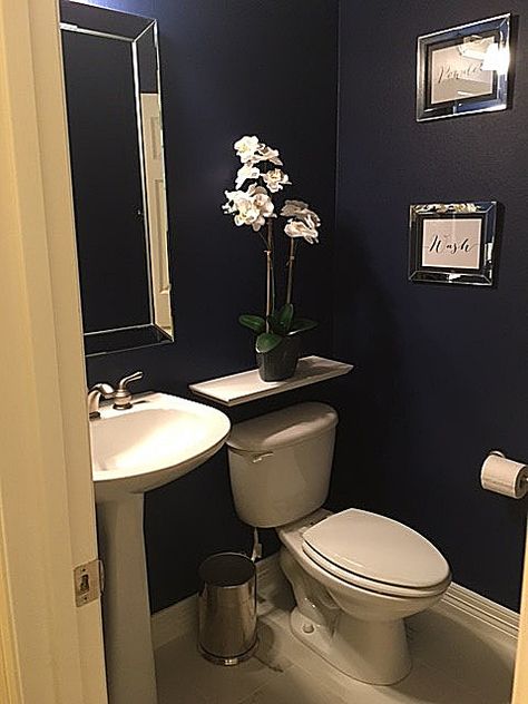 Navy White Powder Room, Sw Naval Bathroom, Dark Blue Restroom Ideas, Navy Blue Water Closet, Dark Blue Half Bathroom, Navy Blue Powder Room With Wainscoting, Dark Blue And Gold Powder Room, Black And Silver Powder Room, Royal Blue Half Bathroom