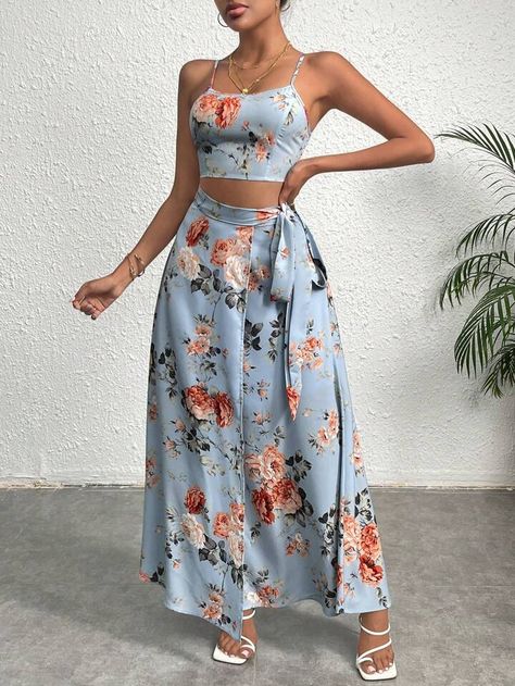 SHEIN VCAY Floral Print Cami Top & Knot Side Wrap Skirt | SHEIN USA Knotted Skirt Outfit, Knot Skirt, Floral Cami Top, Summer Trends Outfits, Rock Outfit, Summer Outfits Kids, Sheer Skirt, Elegant Skirt, Summer Dress Outfits