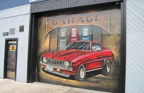 Before whoever was here left, they painted a remarkable muscle car mural on the garage door. Garage Door Wrap, Garage Mural Ideas, Garage Door Art, Car Mural, Cars Mural, Garage Mural, Garage Murals, Mural Street Art, Door Mural