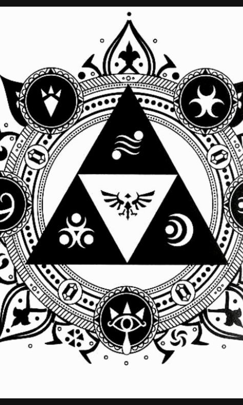 Triforce with the Hylian crest and symbols of the goddesses Zelda Triforce Tattoo, Triforce Tattoo, Triforce Design, Hylian Crest, Triforce Symbol, Crest Tattoo, Rayquaza Pokemon, Symbols Tattoo, Zelda Tattoo