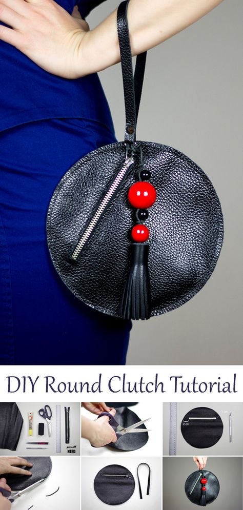 Round Clutch Bag. DIY Tutorial Diy Faux Leather Handbag, Evening Purse Diy, Purse Making Tutorial, Sewing A Clutch Purse, Diy Purses And Bags Easy, Diy Fabric Clutch Purse, Clutch Ball Pattern, Round Bag Diy, Diy Evening Bag