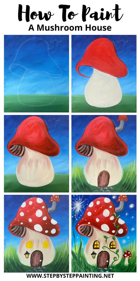 Paint A Mushroom, Mushroom House Painting, Painting With Acrylics, معرض فني, Canvas Painting Tutorials, Simple Canvas Paintings, Cute Canvas Paintings, Learn How To Paint, Easy Canvas Painting