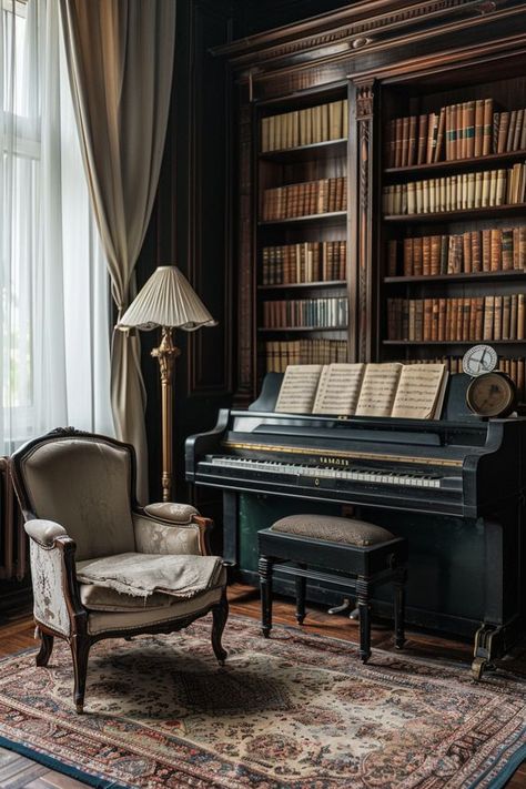 Moody Home Library, Cinematography Reference, Dream Bookshelves, Moody Dark Academia, Instruments Piano, Vintage Minimalism, Library Corner, Feminine Dark, Moody Home