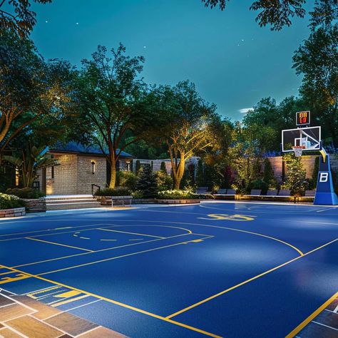 Outdoor sports court at George Strait’s mansion Basketball Court Home Outdoor, Underground Basketball Court, Basketball Court Landscape, Basketball Court Astethic, Mansion With Basketball Court, Mansion Basketball Court, Park Basketball Court, George Strait House, Basketball Court Architecture Design