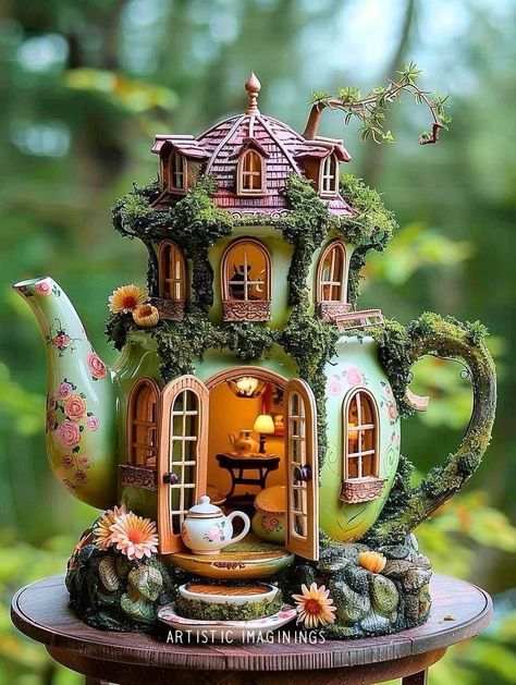 Teacup Fairy House, Teapot Fairy House Diy, Teapot Fairy House, Fairy Teacup Garden, Teapot Decor, Fairy Garden Gnomes, Storybook House, Teacup Gardens, Art Deco Artwork