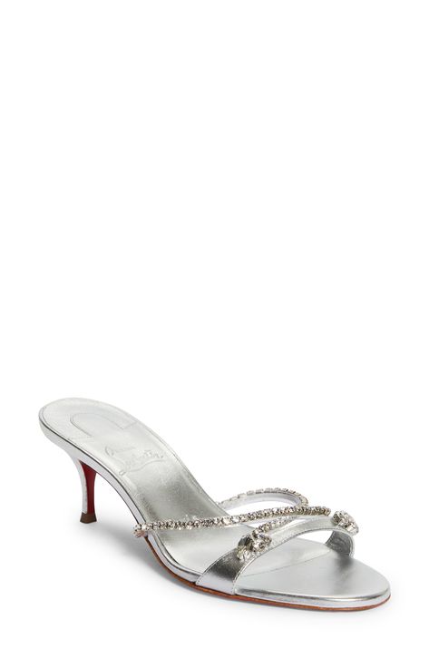 Christian Louboutin Iza Queen Crystal Embellished Sandal available at #Nordstrom Silver Sandals Heels, Red Lacquer, Silver Sandals, Embellished Sandals, Red Sole, Low Block Heels, Wet Weather, Wedding Mood, Silver Crystal