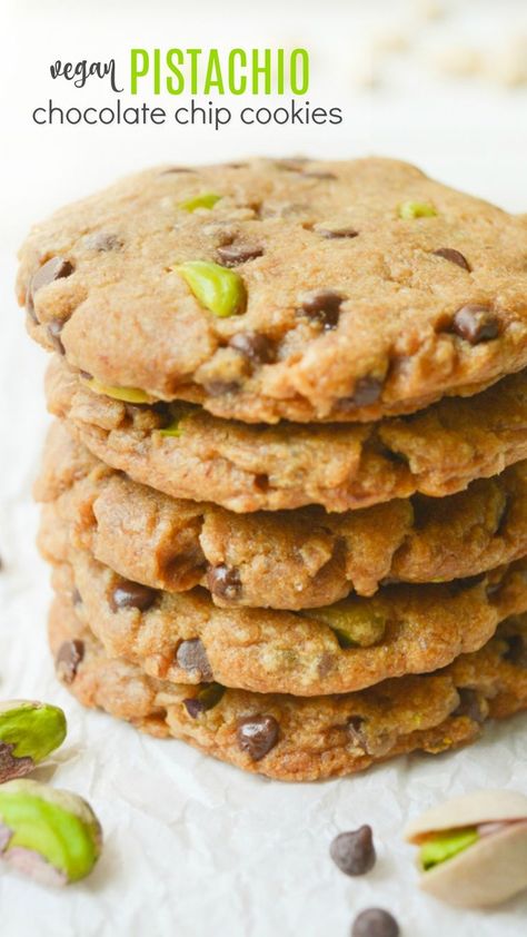 Vegan Pistachio Chocolate Chip Cookies are a great afternoon snack and perfect for lunchboxes. They're loaded with salted pistachios and mini chocolate chips for an ideal sweet and salty combo! Bake a batch tonight and enjoy a quick evening treat! #veganrecipes #vegancookies #dairyfree #eggfreecookies #chocolatechipcookies #vegandessert #vegansnack Vegan Pistachio, Chocolate Chip Cookies Vegan, Pistachio Chocolate, Egg Free Cookies, Pistachio Cookies, Chocolate Chip Cookies Recipe, Cookies Vegan, Vegan Treats, Vegan Cake