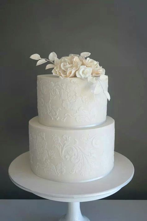 @cakenvy Lace Stencil Wedding Cake, White On White Stencil Cake, Wedding Cake Stencil Patterns, Wedding Cake With Stencil Design, Wedding Cake Lace Design, Stencil Wedding Cake Designs, Stenciled Wedding Cakes, White Stencil Cake, Stencil Wedding Cake