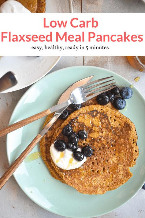 These tasty low carb pancakes made with ground flaxseed make the perfect light and healthy breakfast. They also work for savory use as a wrap. #breakfast #freezerfriendly #kidfriendly #makeahead #quickandeasy Flax Recipes, Wrap Breakfast, Scd Breakfast, Flaxseed Recipes, Flax Seed Pancakes, Flax Pancakes, Flaxseed Flour, Yummy Pancake Recipe, Flax Meal