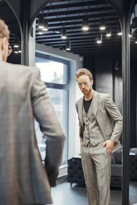 Man In Front Of Mirror, Man Standing In Front Of Mirror, Long Mirror, Grey Suit Men, Man Office, Mens Office, Standing Poses, Man Standing, Big Clothes