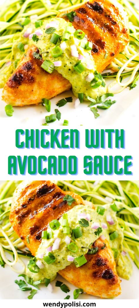 This easy Chicken with Avocado Sauce is easily my favorite easy dinner that I’ve ever made. It is so full of flavor. Make this one for your next family dinner, and you will have a glow of satisfaction that comes from serving something that everyone loves. #wendypolisi #healthy #glutenfree  #easydinnerrecipes Chicken Varieties, Clean Habits, Ftdi Recipes, Salted Recipes, Chicken With Avocado, Main Entrees, Avocado Sauce, Low Carb Breakfast Recipes, Low Carb Lunch