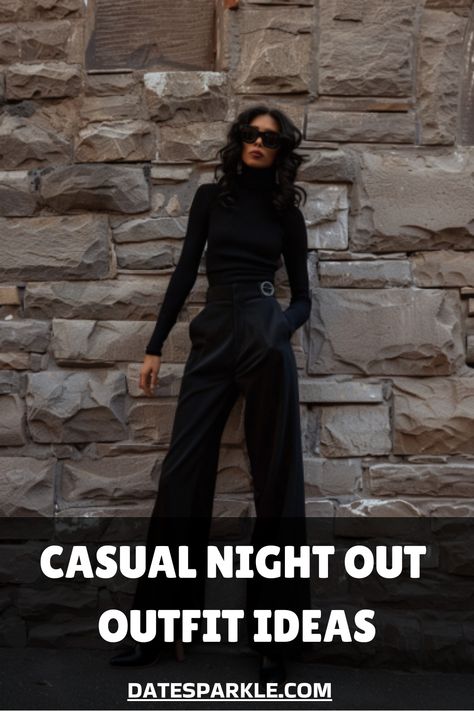 Woman in stylish black outfit with sunglasses standing against a stone wall. Autumnal Night Out Outfit, Pub Night Outfit Casual, Cute Pub Outfit, Pub Dinner Outfit, Friday Night Outfit Bar Casual, Pub Outfit Night, Casual Pub Outfit, Pub Outfit, Friends Text