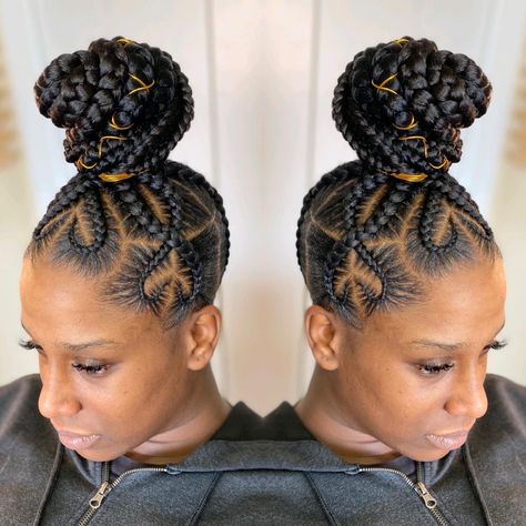 Protective High Bun with Heart Cornrows Jumbo Cornrow Updo Hairstyles, Braided Bun With Undercut, Updo Braiding Styles For Black Women, High Bun Cornrows Braided Updo, Braided Bun To The Back, Braided High Bun For Black Women, Braided Bun With Heart, Braided Knot Bun, Braided Goddess Ponytail