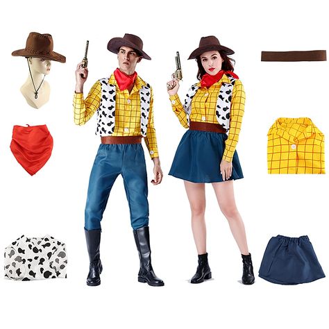 Team up with Toy Story-themed costumes for a memorable Halloween group! 🤠👢🎃 #ToyStoryCostumes #HalloweenGroup #CouplesCostumes #Cosplay #WoodyAndJessie Disfraz Buzz Lightyear, Disfraz Toy Story, Cowboy Halloween Costume, Woody Costume, Cosplay Costumes For Men, Halloween Parejas, Sheriff Woody, Toy Story Costumes, Couples Halloween