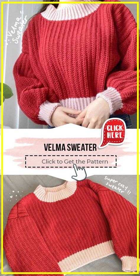 crochet Velma Sweater free pattern - Easy Crochet Sweater Pattern for Beginners. Click to Get the Pattern #Sweater #crochetpattern #crochet via @shareapattern.com Sweater Dress Pattern Crochet, Velma Sweater Crochet Pattern, Crochet Women Sweater Free Pattern, Crochet Jumpers For Women Free Pattern, Valentines Crochet Sweater, Chunky Yarn Sweater Crochet, Crochet Pullover Sweater Pattern Free, Oversized Crochet Sweater Pattern Free, Slouchy Sweater Crochet Pattern