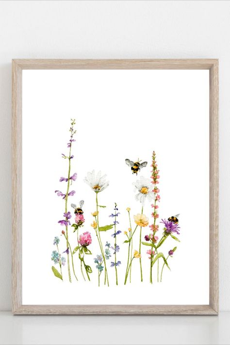 Simple Watercolor Flowers, Free Watercolor Flowers, Wildflower Drawing, Bumble Bee Art, Watercolour Nursery Art, Bee Pictures, Wildflower Paintings, Bee Painting, Watercolor Clip Art