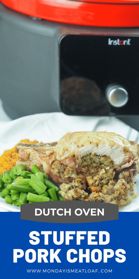 Stuffed pork chops braised in white wine sauce is a quick and easy dinner. Moist pork chops that are nice and tender are a delicious first dinner for your new Dutch oven. Use prepared stuffing from a box or leftover stuffing from another dinner to make these yummy chops. This is a perfect recipe to make quickly in the Instant Precision Dutch Oven. #instantdutchoven #stuffedporkchop #stuffedporkchops #dutchoven Instapot Dutch Oven, Insta Dutch Oven Recipes, Instant Pot Precision Dutch Oven Recipes, Instant Precision Dutch Oven Recipes, Electric Dutch Oven Recipes, Instapot Dutch Oven Recipes, Instant Dutch Oven Recipes, Instant Pot Dutch Oven Recipes, Enameled Cast Iron Dutch Oven Recipes