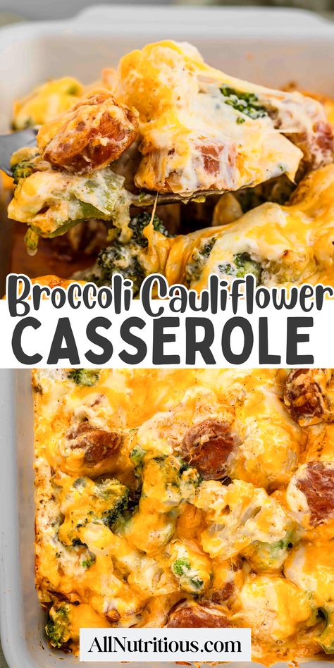 This broccoli cauliflower casserole is the perfect healthy family dinner. Packed with cheesy goodness, it's a delicious low carb casserole that’s easy to prepare and great for meal prep. Try this simple vegetarian dinner recipe for a family-friendly dish that’s both flavorful and nutritious! Ham Broccoli Cauliflower Rice Casserole, Keto Friendly Casserole Recipes, Carb Free Casserole Recipes, Loaded Cauliflower Broccoli Casserole, High Protein Dinner Sides, Keto Broccoli Cauliflower Casserole, Casserole Recipes Vegetable, Vegetable Bake Recipes Healthy, Easy Veggie Casserole Recipes